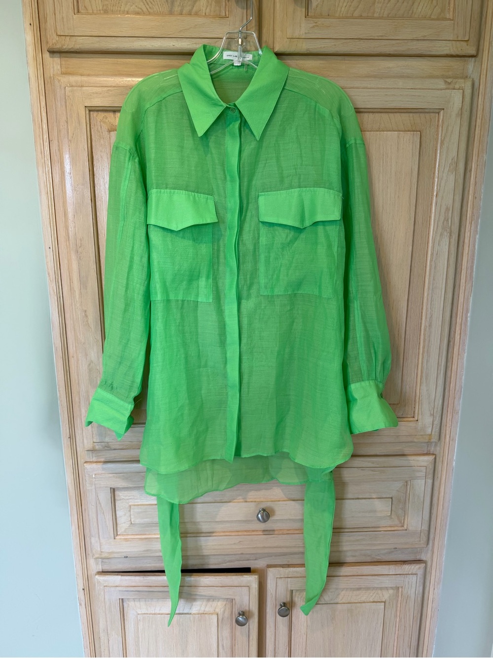 GREY LAB Neon Green Sheer Button Blouse